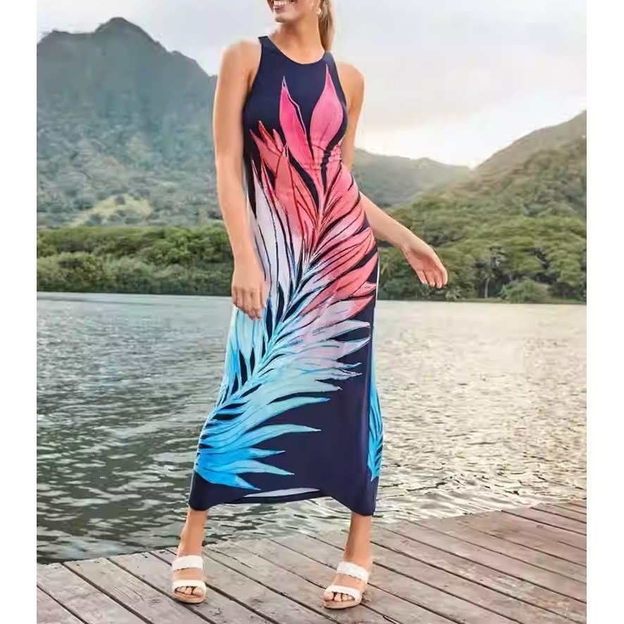 Tommy Bahama Womens Medium Blue Tropical Palm Leaf Tassel Maxi Dress Sleeveless